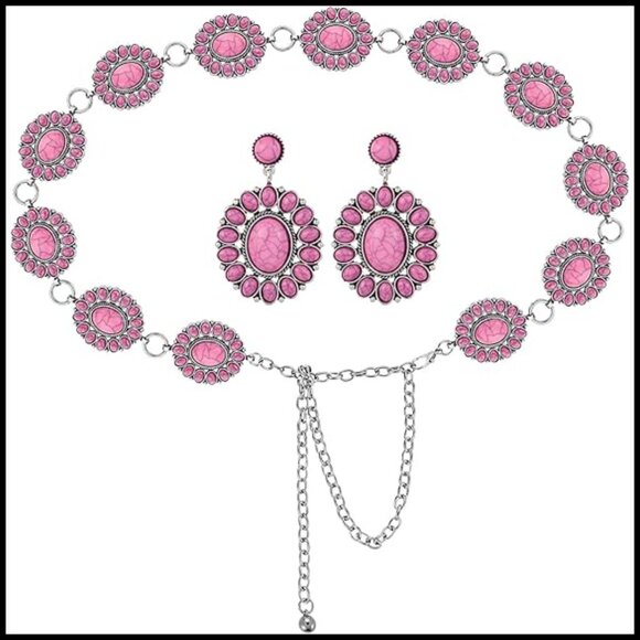Metal Concho Chain Belt with Turquoise Drop Earrings Western Boho main image 4
